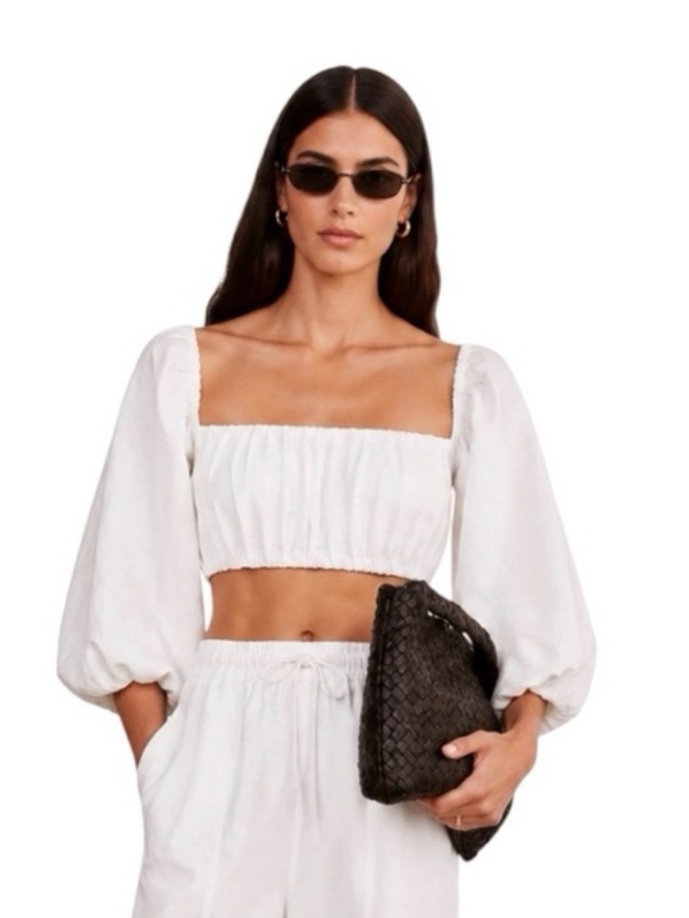 Dissh 100% Linen White Bandeau Top | Women’s 12 | Puff Sleeve Boho Minimalist